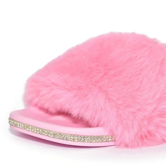 SALE! Rhinestone Embellished Faux Fur Fluffy Open Toe Flat Slide Sandals - Picture 2 of 4